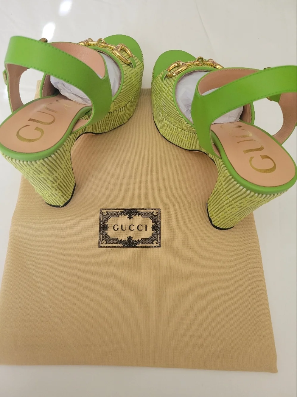 Gucci Lime Green Platform Sandals with Gold Horsebit - Picture 2 of 3